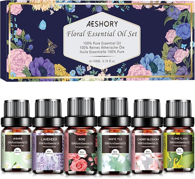 Aeshory Zestaw Olejków Eterycznych Kwiatowych 6 X 10 Ml, 100% Naturalnych Olejków Eterycznych Kwiatowych Do Nawilżacza Z Dyfuzorem - Lawenda, Róża, Jaśmin, Kwiat Wiśni, Biała Herbata, Ylang Ylang