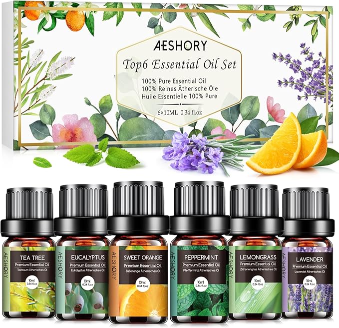 AESHORY Olejki Eteryczne Do Dyfuzorów 6 x 10ML, 100% Naturalny Zestaw Olejków Zapachowych Do Aromaterapii Do Mydła, Świec, Spa - Lawenda, Mięta, Drzewo Herbaciane, Słodka Pomarańcza, Eukaliptus