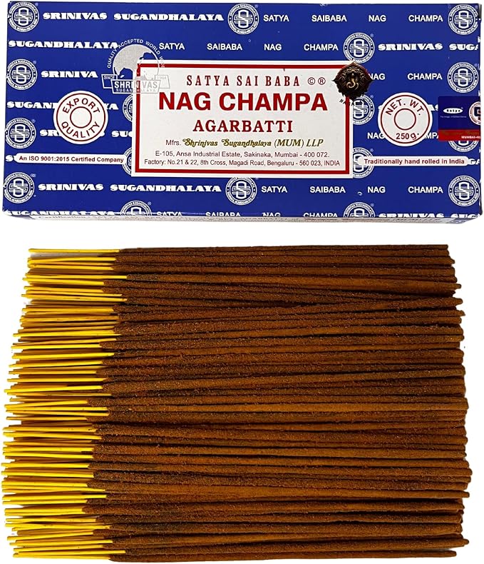 Satya Nag Champa kadzidła, 1 opakowanie 250 g, aromaterapia, medytacja, duchowość, 100% naturalne, przyjazne dla środowiska