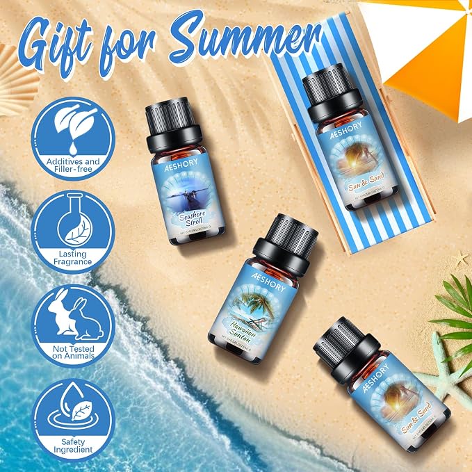 AESHORY Zestaw olejków eterycznych Beach 6 x 10 ml, Olejek zapachowy Summer Aroma Oil do dyfuzora - Hawaiian Suntan, Walk by the Sea, Sea Breeze, Sun & Sand, Rock Salt & Driftwood, Morze - obrazek 5