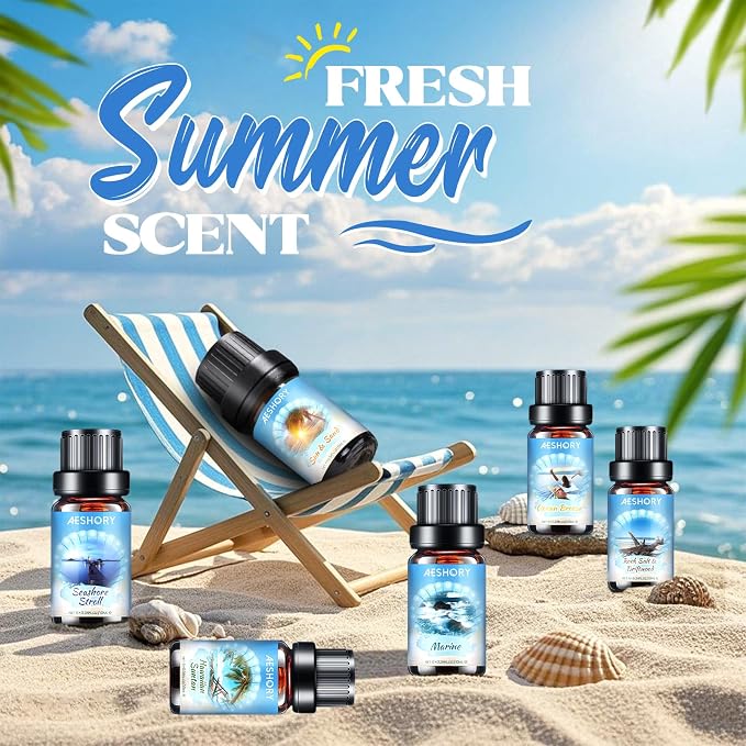 AESHORY Zestaw olejków eterycznych Beach 6 x 10 ml, Olejek zapachowy Summer Aroma Oil do dyfuzora - Hawaiian Suntan, Walk by the Sea, Sea Breeze, Sun & Sand, Rock Salt & Driftwood, Morze - obrazek 2