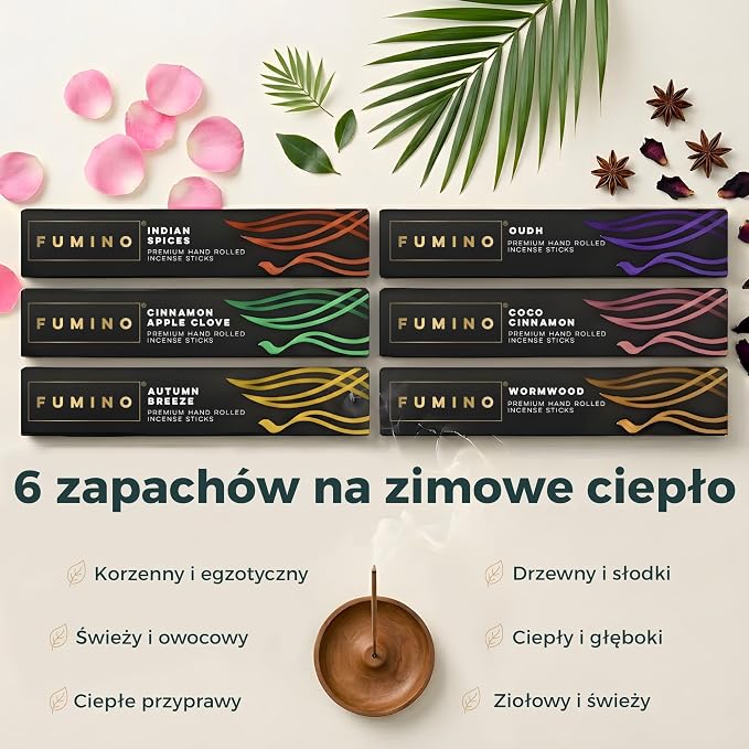 Kadzidełka w sztyfcie Fumino Fresh, ręcznie robione – multipack Mróz przy ognisku, zestaw 6 opakowań (84 sztuki, 90 g), kadzidełka Masala Agarbatti Joss do relaksu i medytacji, do domu - obrazek 3