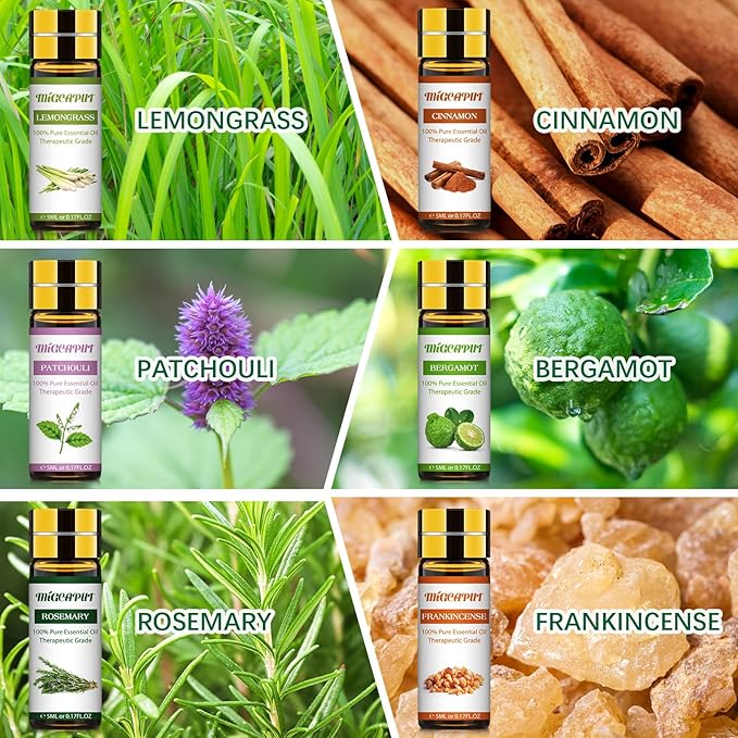 MIGCAPUT Zestaw Olejków Eterycznych 12 x 5ML, 100% Naturalne Aromaterapia Olejków Zapachowych do Dyfuzory, SPA, Masażu - Lawenda, Mięta, Drzewo Herbaciane, Słodka Pomarańcza, Trawa Cytrynowa - obrazek 3