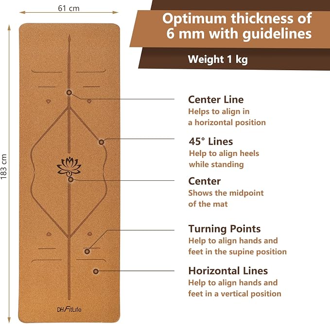 DH FitLife Mata do jogi z korka i TPE, mata gimnastyczna 183 x 61 x 0,6 cm, mata do jogi, mata sportowa, mata fitness, antypoślizgowa, grubsza mata z liniami orientacyjnymi - obrazek 7