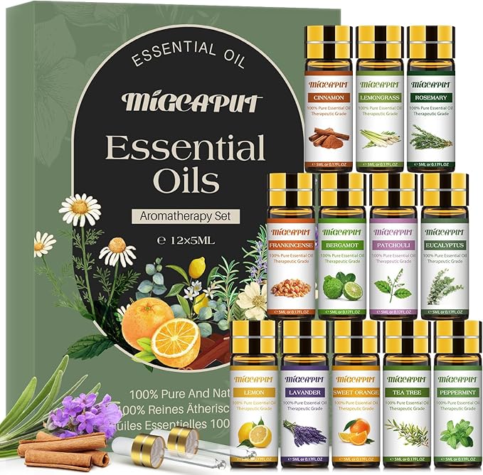 MIGCAPUT Zestaw Olejków Eterycznych 12 x 5ML, 100% Naturalne Aromaterapia Olejków Zapachowych do Dyfuzory, SPA, Masażu - Lawenda, Mięta, Drzewo Herbaciane, Słodka Pomarańcza, Trawa Cytrynowa
