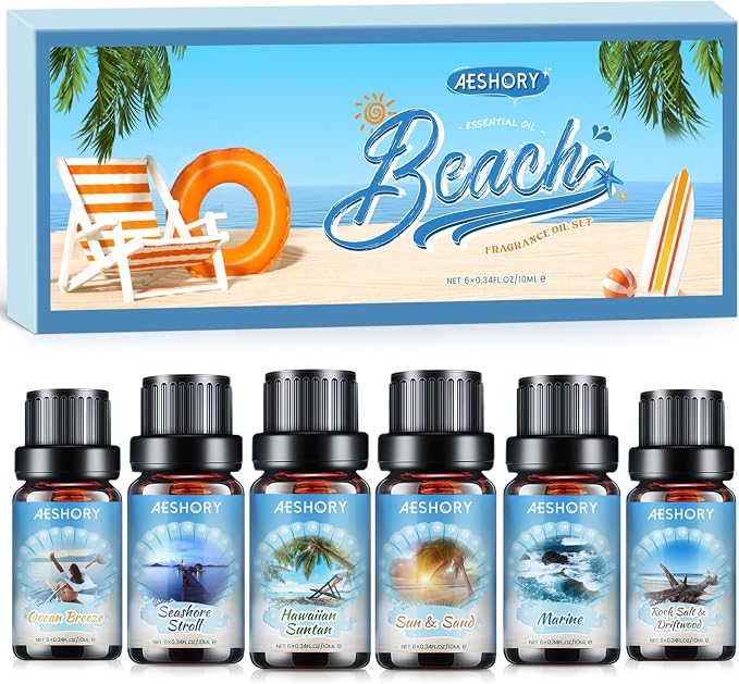 AESHORY Zestaw olejków eterycznych Beach 6 x 10 ml, Olejek zapachowy Summer Aroma Oil do dyfuzora - Hawaiian Suntan, Walk by the Sea, Sea Breeze, Sun & Sand, Rock Salt & Driftwood, Morze