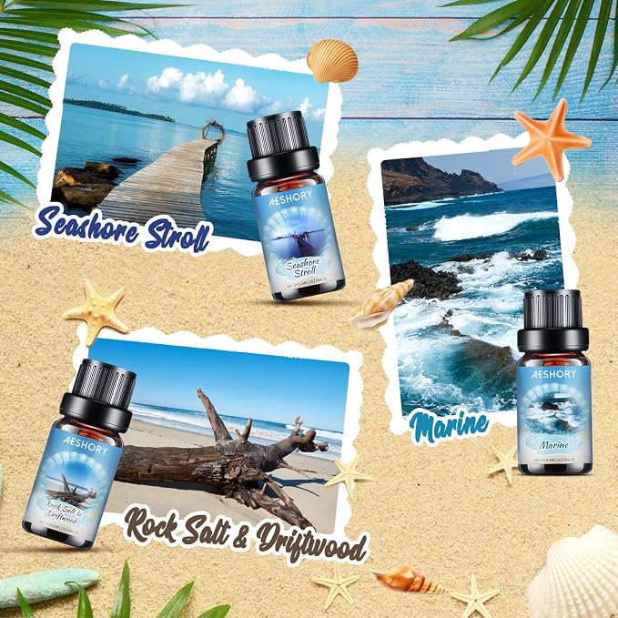 AESHORY Zestaw olejków eterycznych Beach 6 x 10 ml, Olejek zapachowy Summer Aroma Oil do dyfuzora - Hawaiian Suntan, Walk by the Sea, Sea Breeze, Sun & Sand, Rock Salt & Driftwood, Morze - obrazek 4