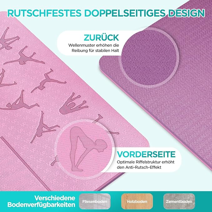 Mata do jogi, z termoplastycznego elastomeru poliestrowego o grubości 6 mm, przyjazna dla skóry, antypoślizgowa, do pilatesu, medytacji, stretchingu, z paskiem do noszenia, domowy trening | Z pozami jogi, liniami wyrównania, paskiem do noszenia, do jogi, pilatesu, domu, stretchingu i treningu sportowego - obrazek 4