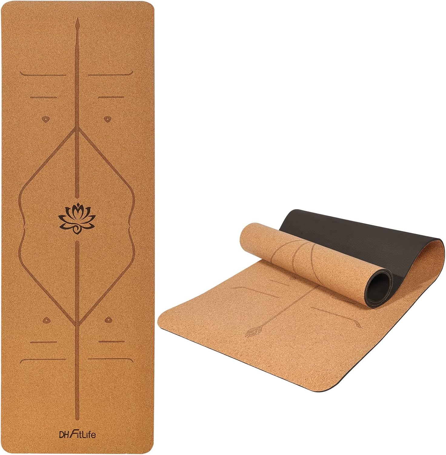 DH FitLife Mata do jogi z korka i TPE, mata gimnastyczna 183 x 61 x 0,6 cm, mata do jogi, mata sportowa, mata fitness, antypoślizgowa, grubsza mata z liniami orientacyjnymi - obrazek 2