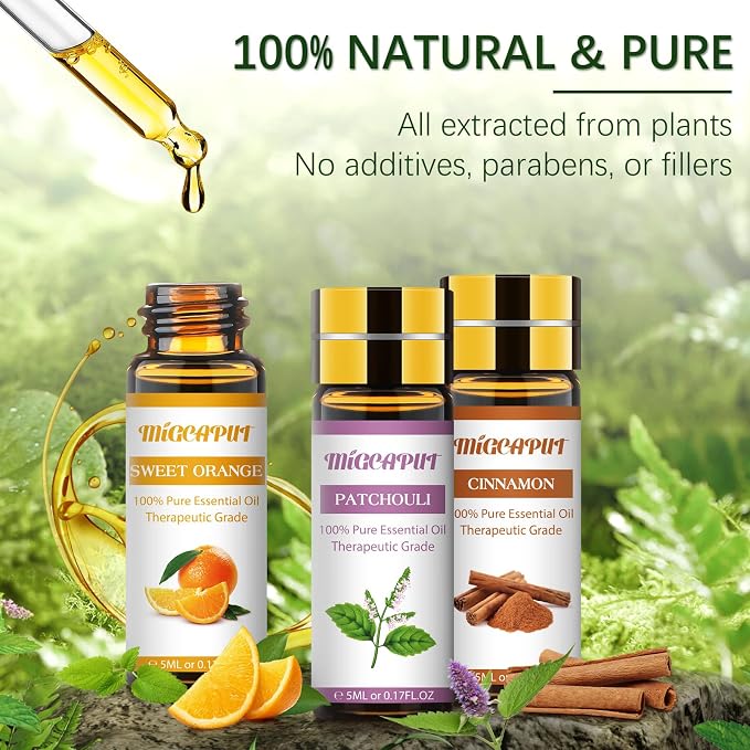 MIGCAPUT Zestaw Olejków Eterycznych 12 x 5ML, 100% Naturalne Aromaterapia Olejków Zapachowych do Dyfuzory, SPA, Masażu - Lawenda, Mięta, Drzewo Herbaciane, Słodka Pomarańcza, Trawa Cytrynowa - obrazek 4