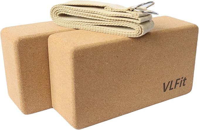 VLFit Blok do jogi z korka naturalnego, zestaw 2 sztuk, z paskiem do jogi ze 100% bawełny, ekologiczny, przyjazny dla środowiska blok do jogi, ekologiczny zestaw z naturalnego korka - obrazek 7
