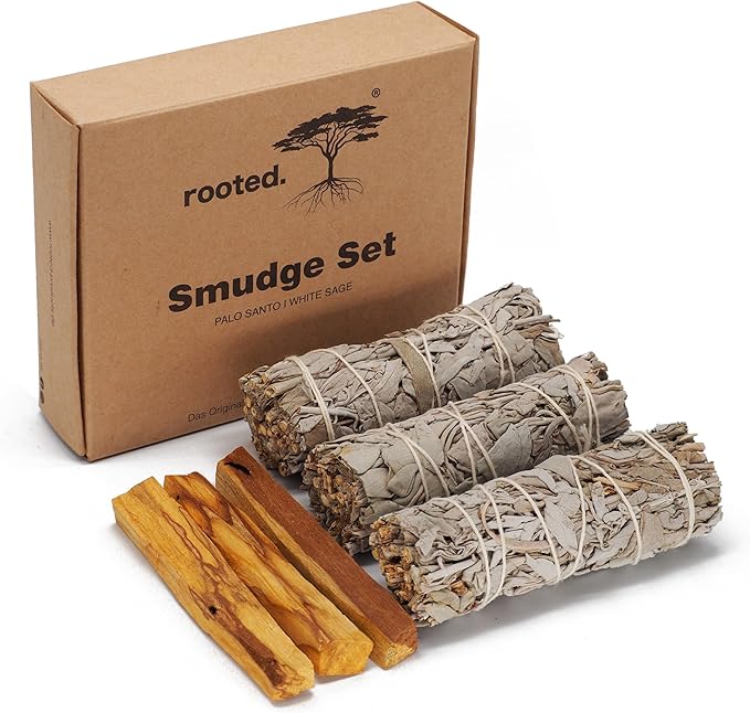 rooted. Zestaw kadzideł premium [JAKOŚĆ BIO] | 3 płatki kalifornijskiej białej szałwii + 3 pałeczki Palo Santo [100% czysto naturalne] | Tradycyjne kadzidełko | 100% kontrolowane i trwałe zbiory