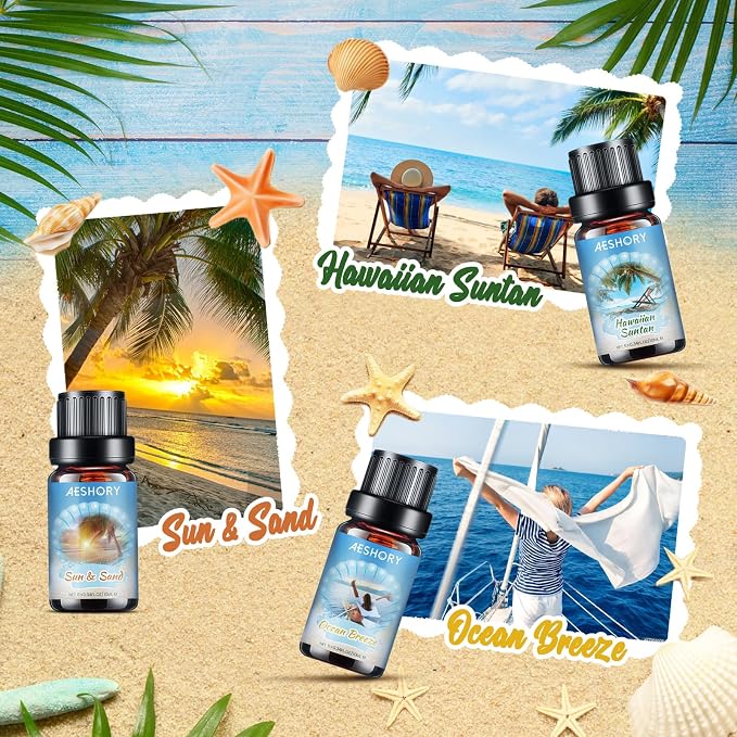AESHORY Zestaw olejków eterycznych Beach 6 x 10 ml, Olejek zapachowy Summer Aroma Oil do dyfuzora - Hawaiian Suntan, Walk by the Sea, Sea Breeze, Sun & Sand, Rock Salt & Driftwood, Morze - obrazek 3