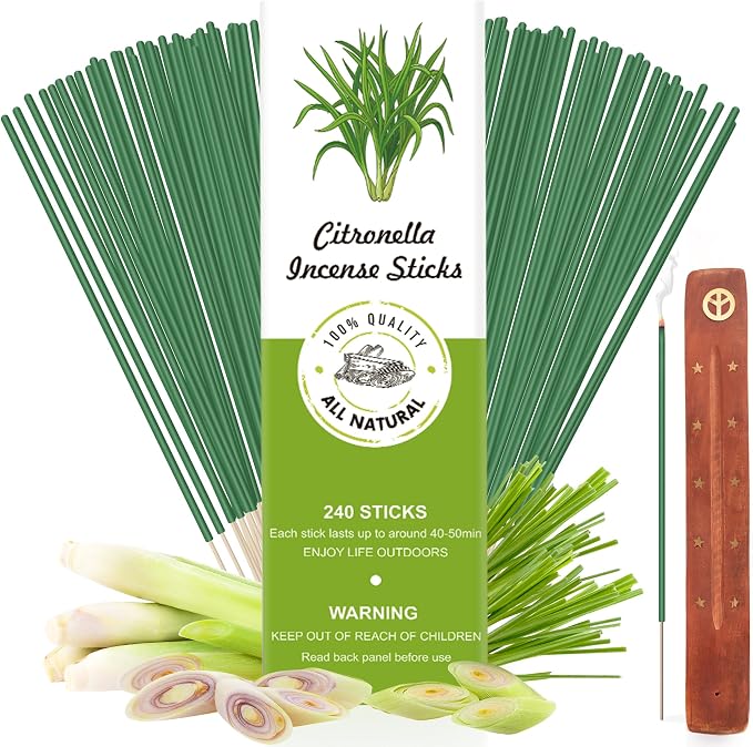 Citronella kadzidełka, 240 sztuk, 200 godzin, naturalny olejek eteryczny Citronella, kadzidełka do użytku na zewnątrz, do ogrodu, na taras, balkon, piknik, kemping, dekoracja stołu, 50 min na sztukę