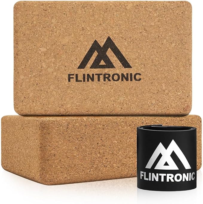 Flintronic Korkowe klocki do jogi, 2 szt. cegieł do jogi z korkiem, z taśmą oporową, klocki fitness do treningu pilatesu i ćwiczeń w domu