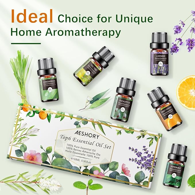 AESHORY Olejki Eteryczne Do Dyfuzorów 6 x 10ML, 100% Naturalny Zestaw Olejków Zapachowych Do Aromaterapii Do Mydła, Świec, Spa - Lawenda, Mięta, Drzewo Herbaciane, Słodka Pomarańcza, Eukaliptus - obrazek 6