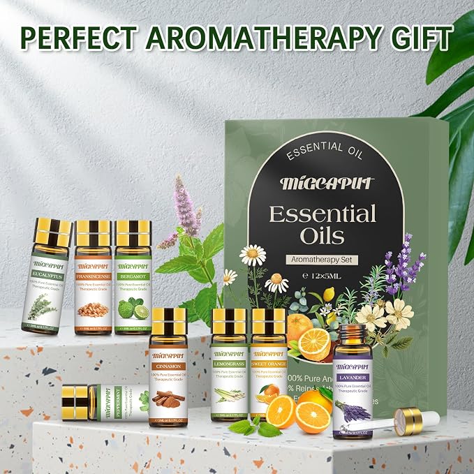 MIGCAPUT Zestaw Olejków Eterycznych 12 x 5ML, 100% Naturalne Aromaterapia Olejków Zapachowych do Dyfuzory, SPA, Masażu - Lawenda, Mięta, Drzewo Herbaciane, Słodka Pomarańcza, Trawa Cytrynowa - obrazek 7