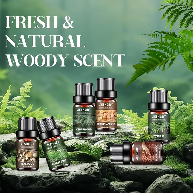 Aeshory 6 x 10ml Drzewny Zestaw Olejków Eterycznych Do Dyfuzorów, Aromaterapii, Nawilżaczy Powietrza I Wyrobu Świec – Drzewo Sandałowe, Cedrowe, Cyprysowe, Kadzidłowe, Tekowe, Sosnowe - obrazek 2