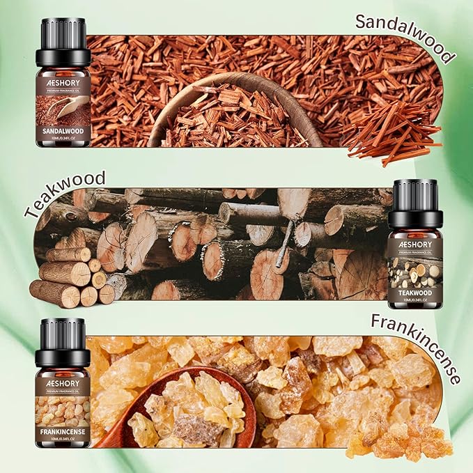 Aeshory 6 x 10ml Drzewny Zestaw Olejków Eterycznych Do Dyfuzorów, Aromaterapii, Nawilżaczy Powietrza I Wyrobu Świec – Drzewo Sandałowe, Cedrowe, Cyprysowe, Kadzidłowe, Tekowe, Sosnowe - obrazek 3