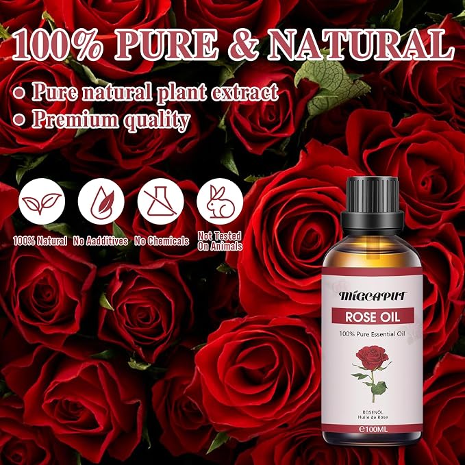 MIGCAPUT Olejek Eteryczny z Róży 100ML, 100% Naturalny Olejek Aromaterapeutyczny, Olejek Różany Klasy Terapeutycznej do Dyfuzora Nawilżacza, SPA, Masażu - obrazek 2