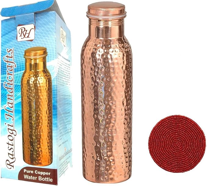 Oryginalna miedziana butelka na wodę szczelna i młotkowana pojemność 900 ml z podstawką - obrazek 5