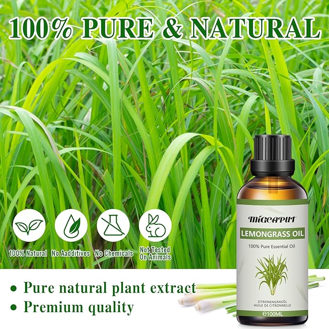 MIGCAPUT Olejek Eteryczny z Trawy Cytrynowej 100ML, 100% Naturalne Olejki Eteryczne do Aromaterapii, Olejek z Trawy Cytrynowej Klasy Terapeutycznej do Dyfuzora Nawilżacza, SPA, Masażu - obrazek 2