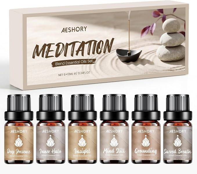 AESHORY Zestaw Olejków Eterycznych Do Medytacji 6 x 10ML, Zestaw Prezentowy Z Olejkami Zapachowymi Do Dyfuzorów, Aromaterapia – Uziemienie, Święty Oddech, Spokój Umysłu, Wewnętrzna Aureola, Wgląd