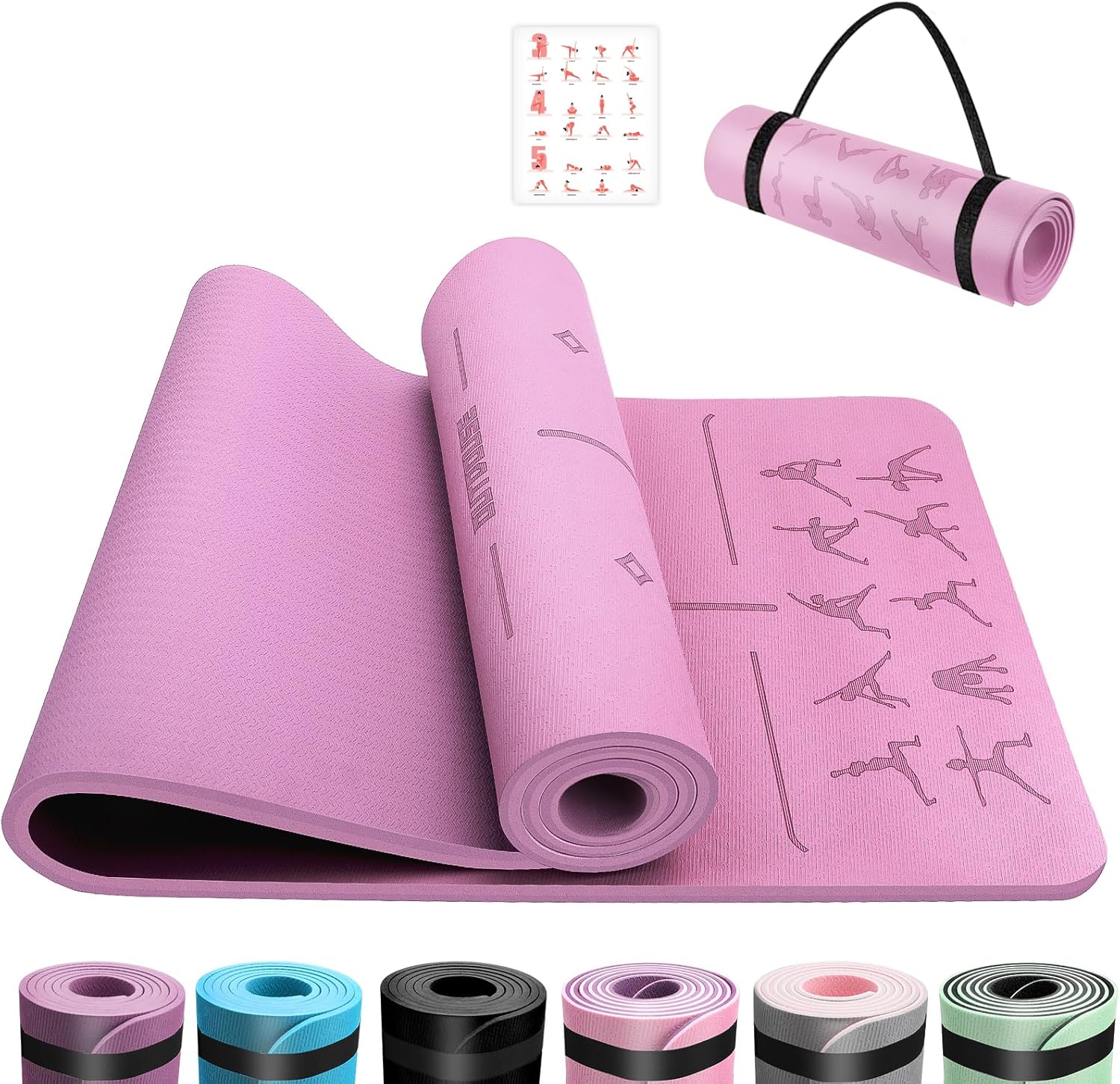 Mata do jogi, z termoplastycznego elastomeru poliestrowego o grubości 6 mm, przyjazna dla skóry, antypoślizgowa, do pilatesu, medytacji, stretchingu, z paskiem do noszenia, domowy trening | Z pozami jogi, liniami wyrównania, paskiem do noszenia, do jogi, pilatesu, domu, stretchingu i treningu sportowego - obrazek 2