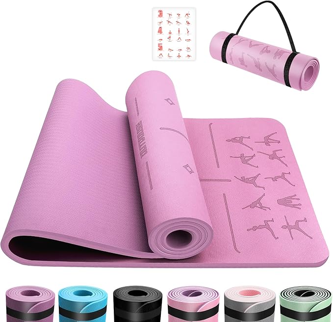 Mata do jogi, z termoplastycznego elastomeru poliestrowego o grubości 6 mm, przyjazna dla skóry, antypoślizgowa, do pilatesu, medytacji, stretchingu, z paskiem do noszenia, domowy trening | Z pozami jogi, liniami wyrównania, paskiem do noszenia, do jogi, pilatesu, domu, stretchingu i treningu sportowego