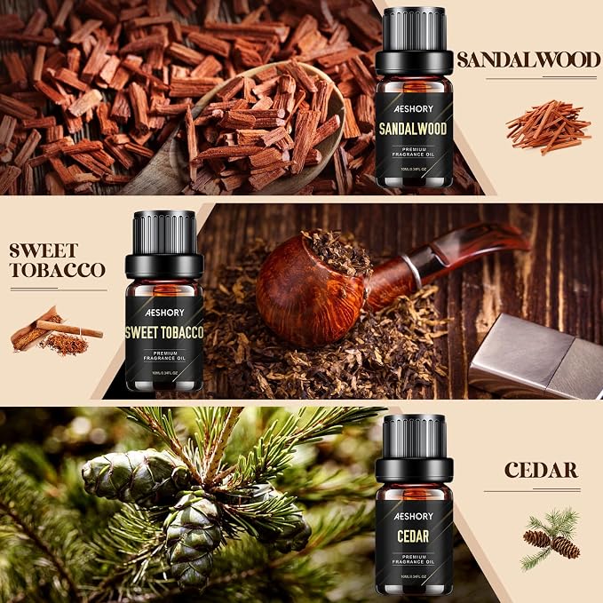 Aeshory 6x10ml Olejki Eteryczne Dla Mężczyzn, Zestaw Naturalnych Olejków Zapachowych Do Dyfuzora, Do Wyrobu Świec – Drzewo Sandałowe, Cedr, Skóra, Słodki Tytoń, Rum Laurowy, Woda Kolońska - obrazek 3