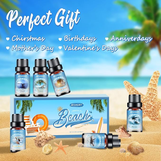 AESHORY Zestaw olejków eterycznych Beach 6 x 10 ml, Olejek zapachowy Summer Aroma Oil do dyfuzora - Hawaiian Suntan, Walk by the Sea, Sea Breeze, Sun & Sand, Rock Salt & Driftwood, Morze - obrazek 7