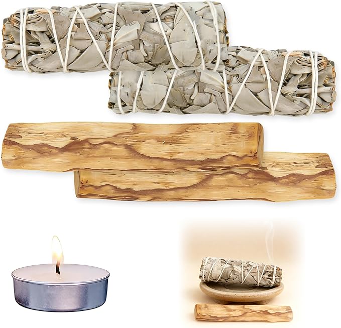 2 białe szałwia i 2 palo Santo Premium kalifornijskie, w 100% naturalne, kontrolowane i zrównoważone zbiory, tradycyjne kadzidełka, odpowiednie do odstraszania negatywnej energii