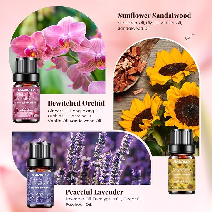 Hanolly 6 x 10 ml Zestaw Kwiatowych Olejków Eterycznych, Naturalne Olejki Zapachowe Do Dyfuzorów – Biała Lilia I Aloes, Różowa Piwonia, Dzika Róża, Słonecznik, Drzewo Sandałowe, Orchidea, Lawenda - obrazek 3