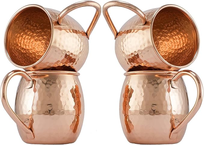 Zap Impex Moscow Mule Kubek z czystej miedzi, bez powłoki, młotkowana miedź, idealny do wszystkich schłodzonych napojów, oślepiająca rozrywka i do baru lub domu, duży bar zestaw prezentowy 4 szt
