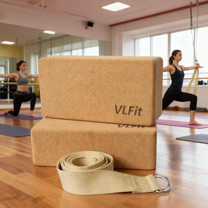 VLFit Blok do jogi z korka naturalnego, zestaw 2 sztuk, z paskiem do jogi ze 100% bawełny, ekologiczny, przyjazny dla środowiska blok do jogi, ekologiczny zestaw z naturalnego korka