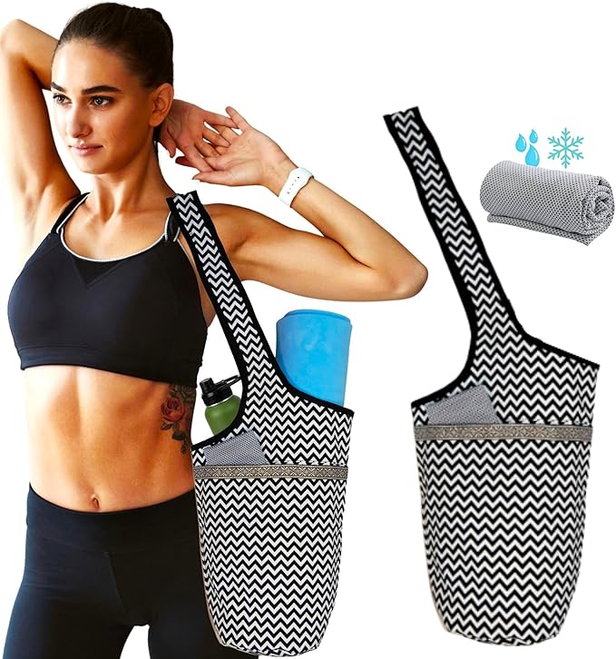 Pack Torba do jogi na matę i zimny ręcznik Chłodząca damska torba do jogi na matę Ręcznik na siłownię Ręcznik z mikrofibry. Wielofunkcyjna torba na matę do jogi Pilates Fitness Sport (Zygzak)