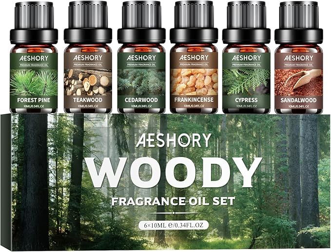 Aeshory 6 x 10ml Drzewny Zestaw Olejków Eterycznych Do Dyfuzorów, Aromaterapii, Nawilżaczy Powietrza I Wyrobu Świec – Drzewo Sandałowe, Cedrowe, Cyprysowe, Kadzidłowe, Tekowe, Sosnowe