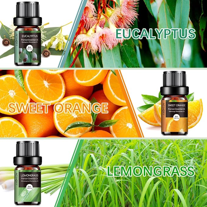 AESHORY Olejki Eteryczne Do Dyfuzorów 6 x 10ML, 100% Naturalny Zestaw Olejków Zapachowych Do Aromaterapii Do Mydła, Świec, Spa - Lawenda, Mięta, Drzewo Herbaciane, Słodka Pomarańcza, Eukaliptus - obrazek 3