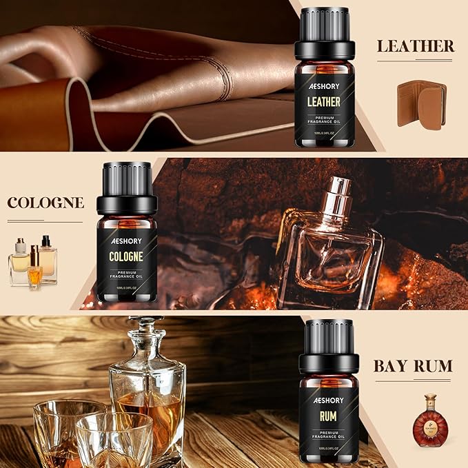 Aeshory 6x10ml Olejki Eteryczne Dla Mężczyzn, Zestaw Naturalnych Olejków Zapachowych Do Dyfuzora, Do Wyrobu Świec – Drzewo Sandałowe, Cedr, Skóra, Słodki Tytoń, Rum Laurowy, Woda Kolońska - obrazek 4